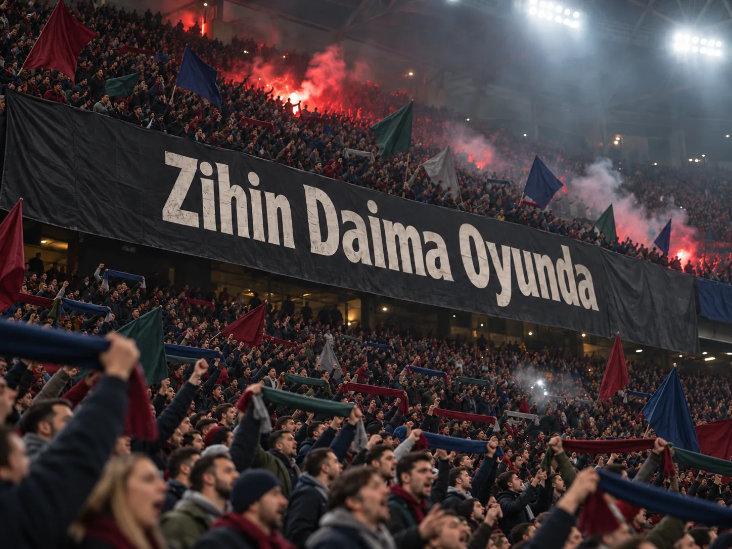 Stadyum tribününde Zihin Daima Oyunda pankartı ve birlikte tezahürat yapan taraftarlar